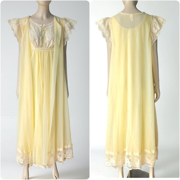 Vtg Gilead Yellow Negligee Peignoir Set Midi Lace Trim  Nightgown Robe Women S - Picture 1 of 15